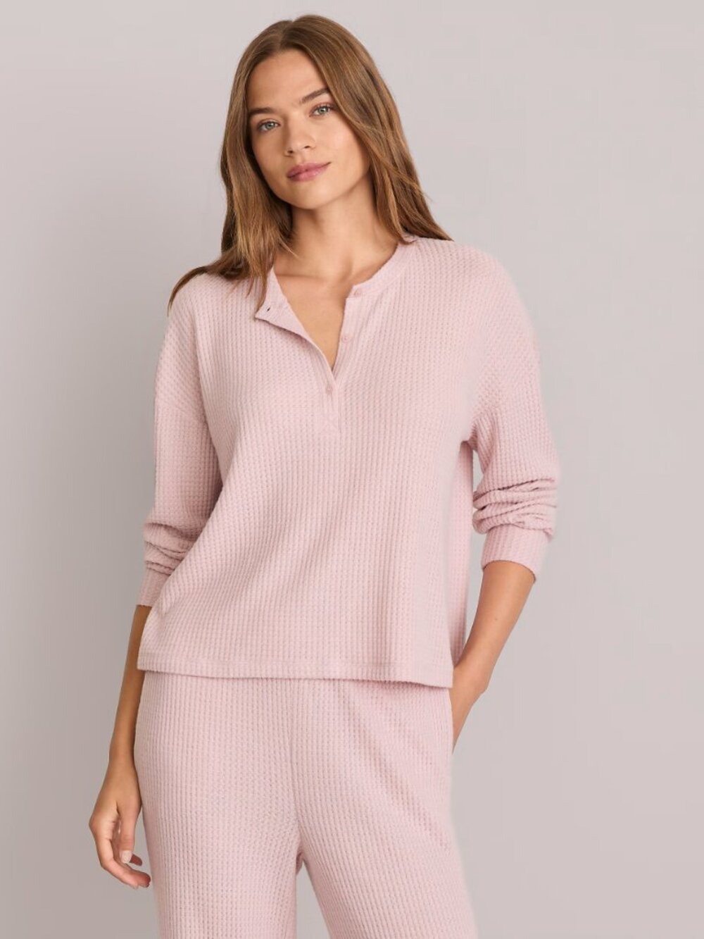 2/$30 Lou & Grey Brushed Waffle Henley Pajama Top Mauve Mist XL #A3878
